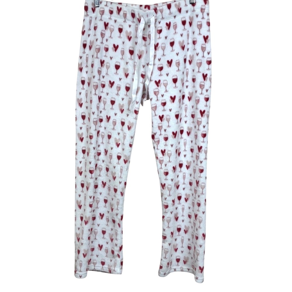 Daydream Soft Lounge Sleep Wine‎ Glass Heart Fleece Pajama Pants White Red Large